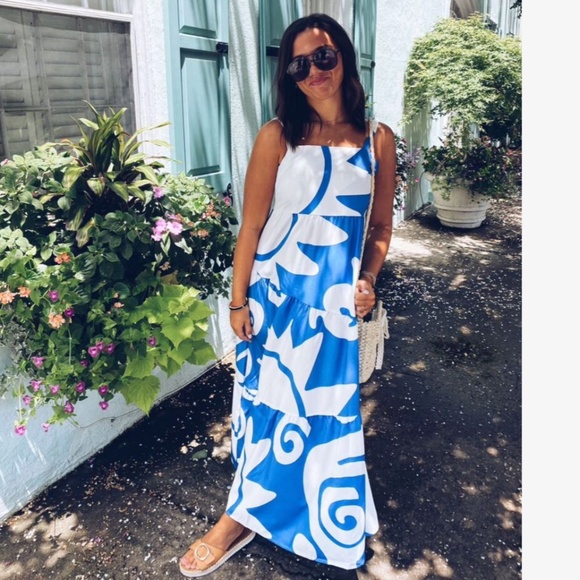 Blue on White Printed Maxi Dress Square Neck Sleeveless - Picture 8 of 11